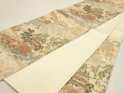平和屋本店▼六通柄袋帯　九百錦　風景草花文　本金貮重箔　正絹　逸品　DABJ6354sf