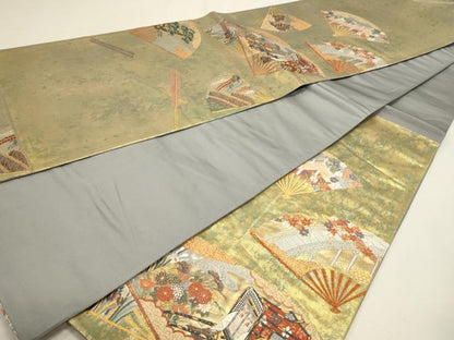 平和屋着物▼六通柄袋帯　唐織　扇面御所車花文　本うるし箔金　正絹　逸品　DABJ6363sf