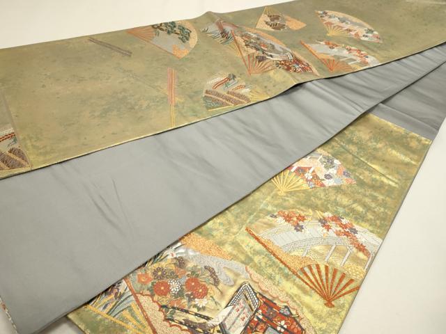 平和屋着物▼六通柄袋帯　唐織　扇面御所車花文　本うるし箔金　正絹　逸品　DABJ6363sf