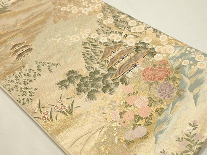 平和屋本店▼六通柄袋帯　九百錦　風景草花文　本金貮重箔　正絹　逸品　DABJ6354sf