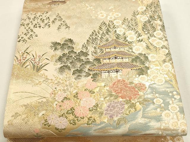 平和屋本店▼六通柄袋帯　九百錦　風景草花文　本金貮重箔　正絹　逸品　DABJ6354sf