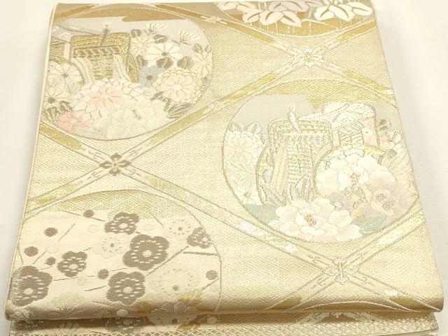 平和屋本店▼六通柄袋帯　御所車花文　本金箔二重織　正絹　逸品　DABJ6378sf