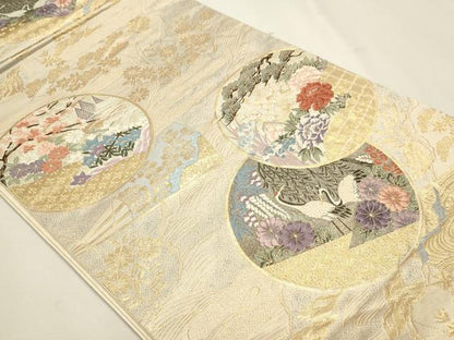 平和屋本店▼六通柄袋帯　唐織　九百錦　群鶴草花文　純金箔　正絹　逸品　DABJ6355sf