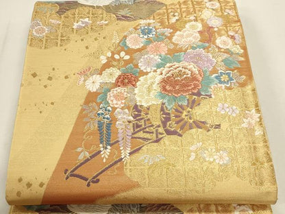 平和屋本店▼六通柄袋帯　唐織　飛鶴花車文　純金箔二重織　正絹　逸品　DABJ6409sf