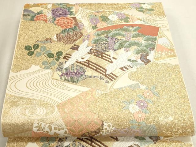平和屋本店▼六通柄袋帯　唐織　雲取扇面双鶴図　純金箔　正絹　逸品　DABJ6395sf