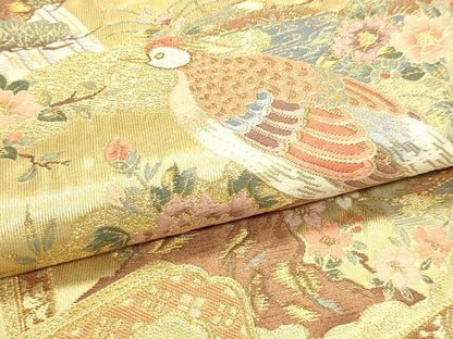 平和屋本店▼六通柄袋帯　四季花鳥図屏風　本金箔　正絹　逸品　DABJ6397sf