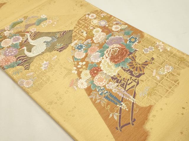 平和屋本店▼六通柄袋帯　唐織　飛鶴花車文　純金箔二重織　正絹　逸品　DABJ6409sf