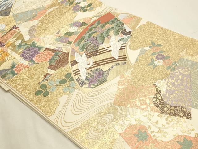 平和屋本店▼六通柄袋帯　唐織　雲取扇面双鶴図　純金箔　正絹　逸品　DABJ6395sf
