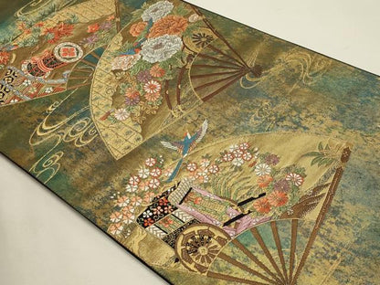 平和屋本店▼六通柄袋帯　唐織　扇面御所車文　本金箔　正絹　逸品　DABJ6396sf