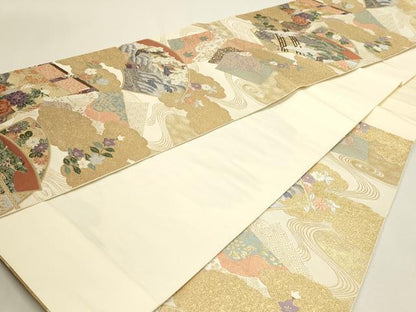 平和屋本店▼六通柄袋帯　唐織　雲取扇面双鶴図　純金箔　正絹　逸品　DABJ6395sf