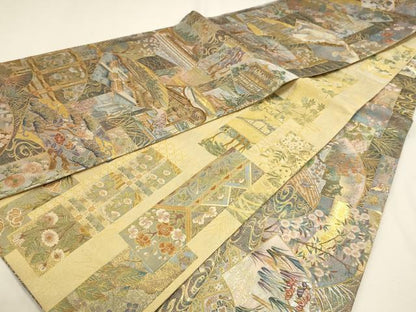 平和屋本店▼西陣あさぎ　丸帯　伝承国宝図　プラチナ本金箔　壱仟八百口織　正絹　逸品　DABJ6407sf