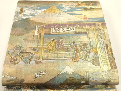 平和屋本店▼西陣あさぎ　全通全景柄袋帯　北舟　富嶽三十六景　24金プラチナ二重箔　分析通知・共箱書付き　正絹　逸品　DABJ6405sf