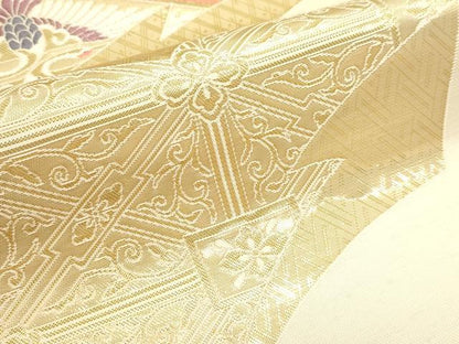 平和屋本店▼六通柄袋帯　扇面向鶴菱文　純金箔24Ｋ　正絹　逸品　DABJ6432sf