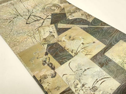 平和屋本店▼西陣あさぎ　丸帯　日本絵画全集　プラチナ本金箔　壱仟八百口織　さが美扱い　正絹　逸品　DABJ6416sf