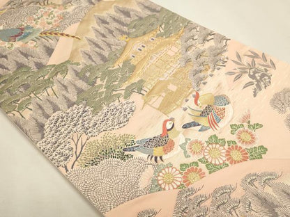 平和屋本店▼六通柄袋帯　九百錦紋　風景花鳥文　純金箔　正絹　逸品　DABJ6435sf