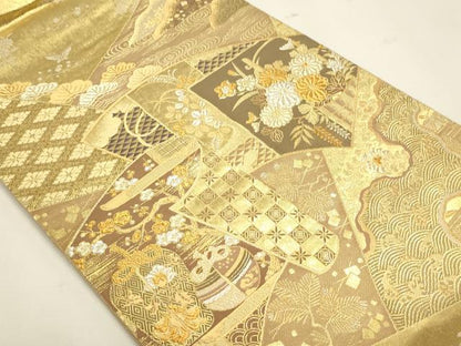 平和屋本店▼六通柄袋帯　扇取花梅絵巻　本金箔　正絹　逸品　DABJ6426sf