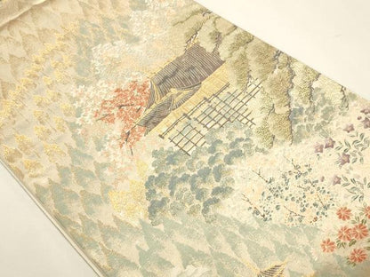 平和屋本店▼六通柄袋帯　九百錦　風景草花文　本金貮重箔　正絹　逸品　DABJ6423sf
