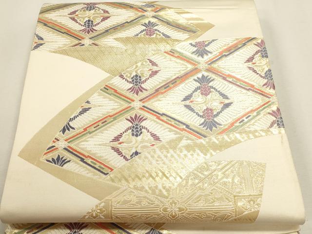 平和屋本店▼六通柄袋帯　扇面向鶴菱文　純金箔24Ｋ　正絹　逸品　DABJ6432sf