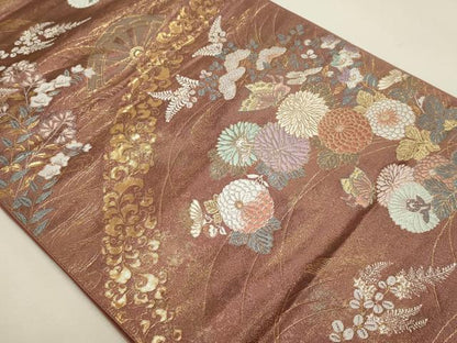 平和屋本店▼六通柄袋帯　蒔絵菊　本金箔　正絹　逸品　DABJ6434sf