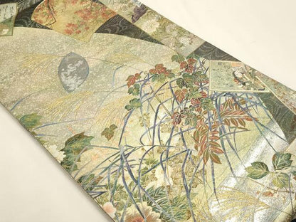 平和屋本店▼西陣あさぎ　丸帯　日本絵画全集　プラチナ本金箔　壱仟八百口織　さが美扱い　正絹　逸品　DABJ6416sf