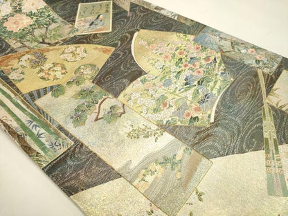 平和屋本店▼西陣あさぎ　丸帯　日本絵画全集　プラチナ本金箔　壱仟八百口織　さが美扱い　正絹　逸品　DABJ6416sf