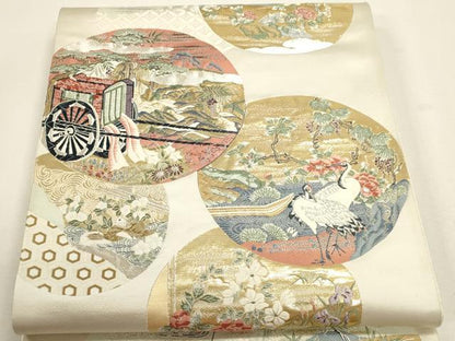 平和屋本店▼六通柄袋帯　唐織　九百錦　群鶴御所車花文　純金箔24Ｋ　正絹　逸品　DABJ6420sf