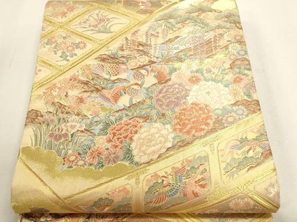 平和屋本店▼六通柄袋帯　唐織　花鳥文　本金箔　正絹　逸品　DABJ6436sf