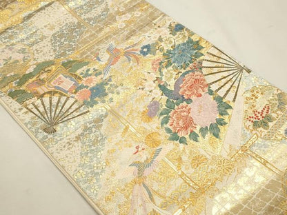 平和屋本店▼六通柄袋帯　唐織　稚扇障壁文　本金箔　正絹　逸品　DABJ6417sf