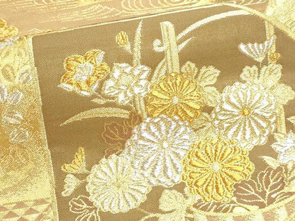 平和屋本店▼六通柄袋帯　扇取花梅絵巻　本金箔　正絹　逸品　DABJ6426sf