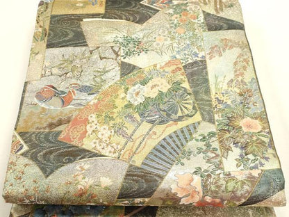 平和屋本店▼西陣あさぎ　丸帯　日本絵画全集　プラチナ本金箔　壱仟八百口織　さが美扱い　正絹　逸品　DABJ6416sf