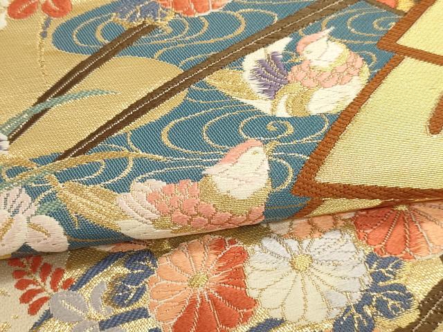 平和屋本店▼六通柄袋帯　唐織　桧扇花車文　24金箔使用　正絹　逸品　DABJ6440sf