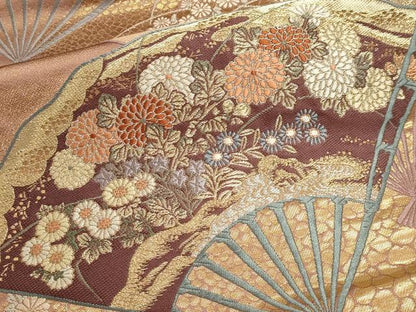 平和屋本店▼六通柄袋帯　唐織　秋花扇面文　本金箔　正絹　逸品　DABJ6439sf