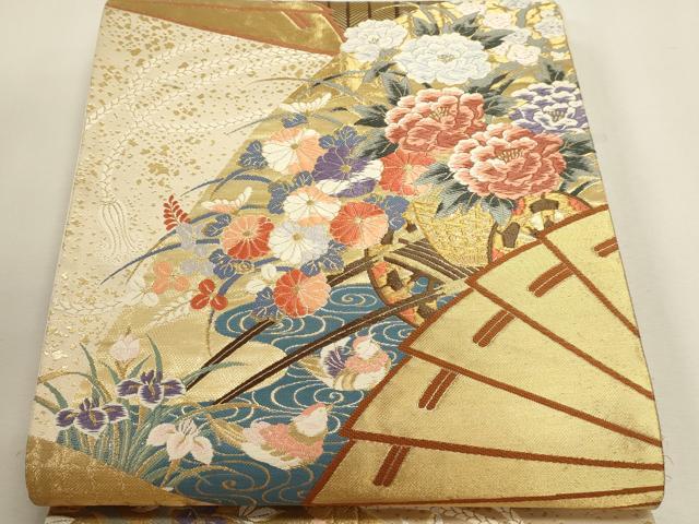平和屋本店▼六通柄袋帯　唐織　桧扇花車文　24金箔使用　正絹　逸品　DABJ6440sf