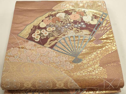 平和屋本店▼六通柄袋帯　唐織　秋花扇面文　本金箔　正絹　逸品　DABJ6439sf