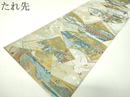 平和屋着物▼全景全通柄袋帯　東海道五拾三次　金銀糸　正絹　逸品　DABJ8119ps