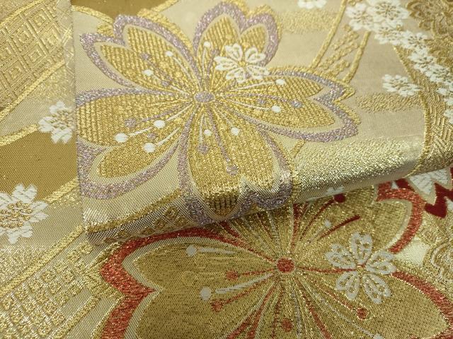 平和屋着物▼佐賀錦　六通柄袋帯　舞桜　金糸　正絹　逸品　DABJ8143ps