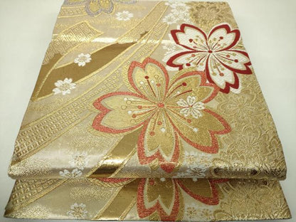 平和屋着物▼佐賀錦　六通柄袋帯　舞桜　金糸　正絹　逸品　DABJ8143ps