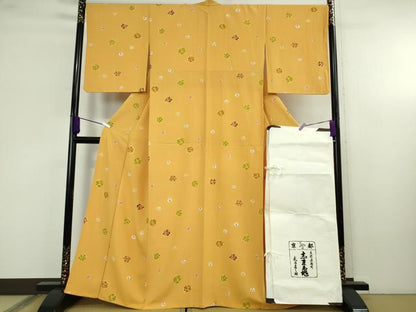 平和屋本店●極上　銀座　志ま亀　小紋　吉祥丸文　柑子色地　鬼しぼ縮緬　たとう紙付き　逸品　DZAB9056kh6