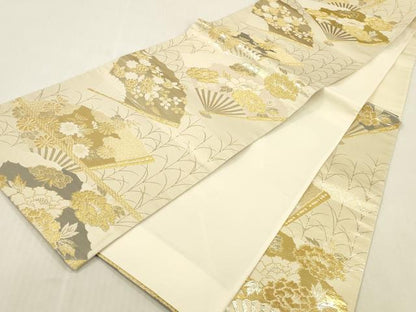 平和屋本店▼六通柄袋帯　扇面花文　プラチナ24K織　正絹　逸品　DABK2230op