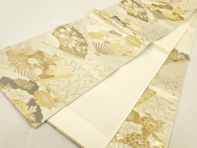 平和屋本店▼六通柄袋帯　扇面花文　プラチナ24K織　正絹　逸品　DABK2230op