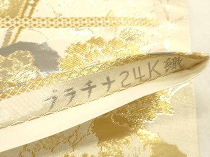平和屋本店▼六通柄袋帯　扇面花文　プラチナ24K織　正絹　逸品　DABK2230op
