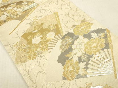 平和屋本店▼六通柄袋帯　扇面花文　プラチナ24K織　正絹　逸品　DABK2230op