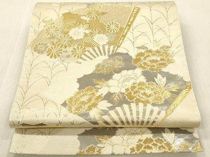 平和屋本店▼六通柄袋帯　扇面花文　プラチナ24K織　正絹　逸品　DABK2230op