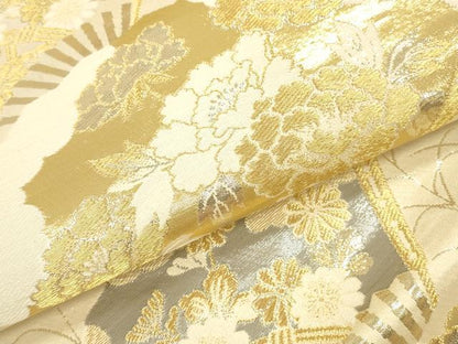 平和屋本店▼六通柄袋帯　扇面花文　プラチナ24K織　正絹　逸品　DABK2230op