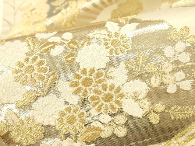 平和屋本店▼六通柄袋帯　扇面花文　プラチナ24K織　正絹　逸品　DABK2230op