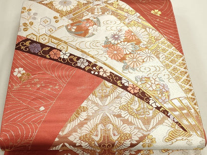 平和屋本店▼六通柄袋帯　唐織　双鶴花文　本金箔二重織　正絹　逸品　DABJ6400sf