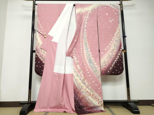 平和屋着物●豪華振袖　流水草花文　暈し染め　金銀糸　銀通し地　正絹　逸品　DABK0176ud