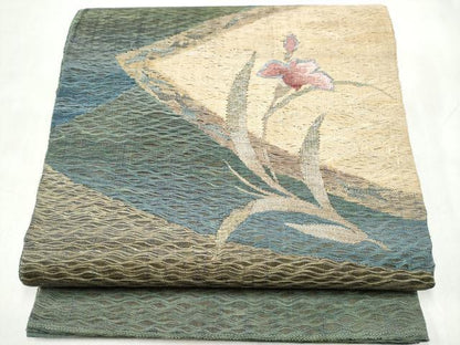 平和屋着物▽太鼓柄袋帯　スリーシーズン　春夏秋　すくい織　草花文　金糸　正絹　逸品　CABM6212hy