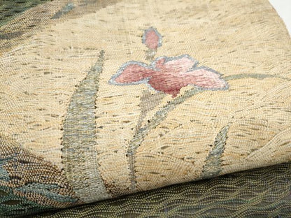 平和屋着物▽太鼓柄袋帯　スリーシーズン　春夏秋　すくい織　草花文　金糸　正絹　逸品　CABM6212hy