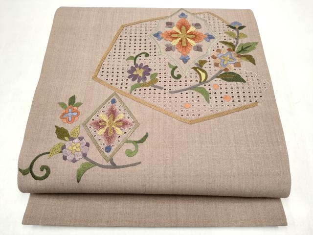 平和屋着物●中国三大刺繍　スワトウ相良刺繍　総刺繍　太鼓柄袋帯　紬地　枝花文　正絹　逸品　CABM6233hy
